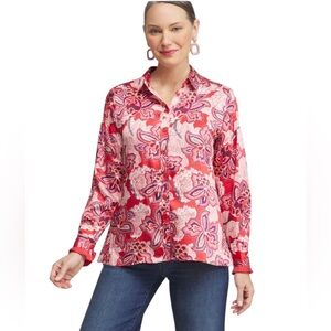 Chico's red and pink floral pleated button down long sleeve blouse